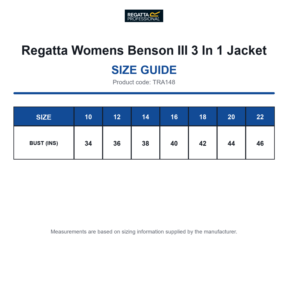 TRA148 Regatta Womens Benson III 3 In 1 Jacket size guide (TRA148)