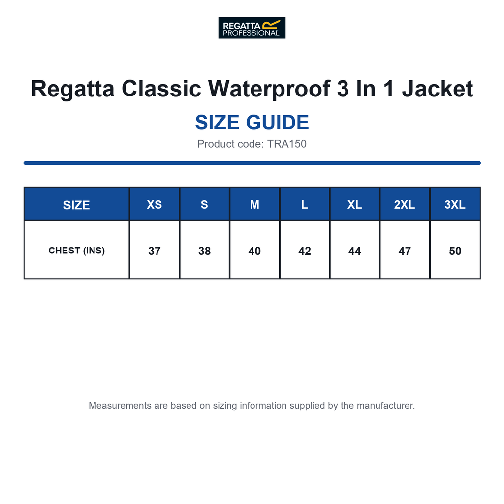 TRA150 Regatta Classic Waterproof 3 In 1 Jacket size guide (TRA150)