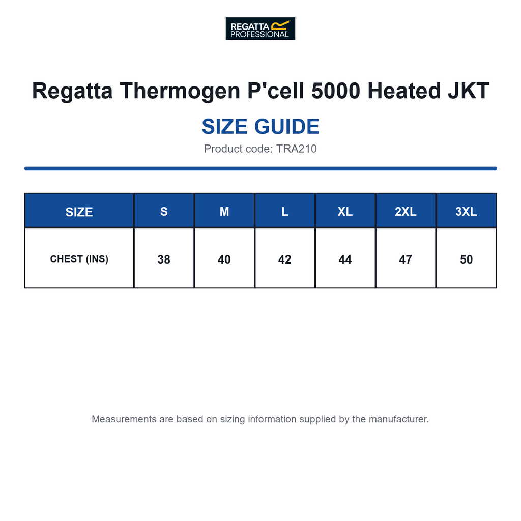 TRA210 Regatta Thermogen P'cell 5000 Heated JKT size guide (TRA210)