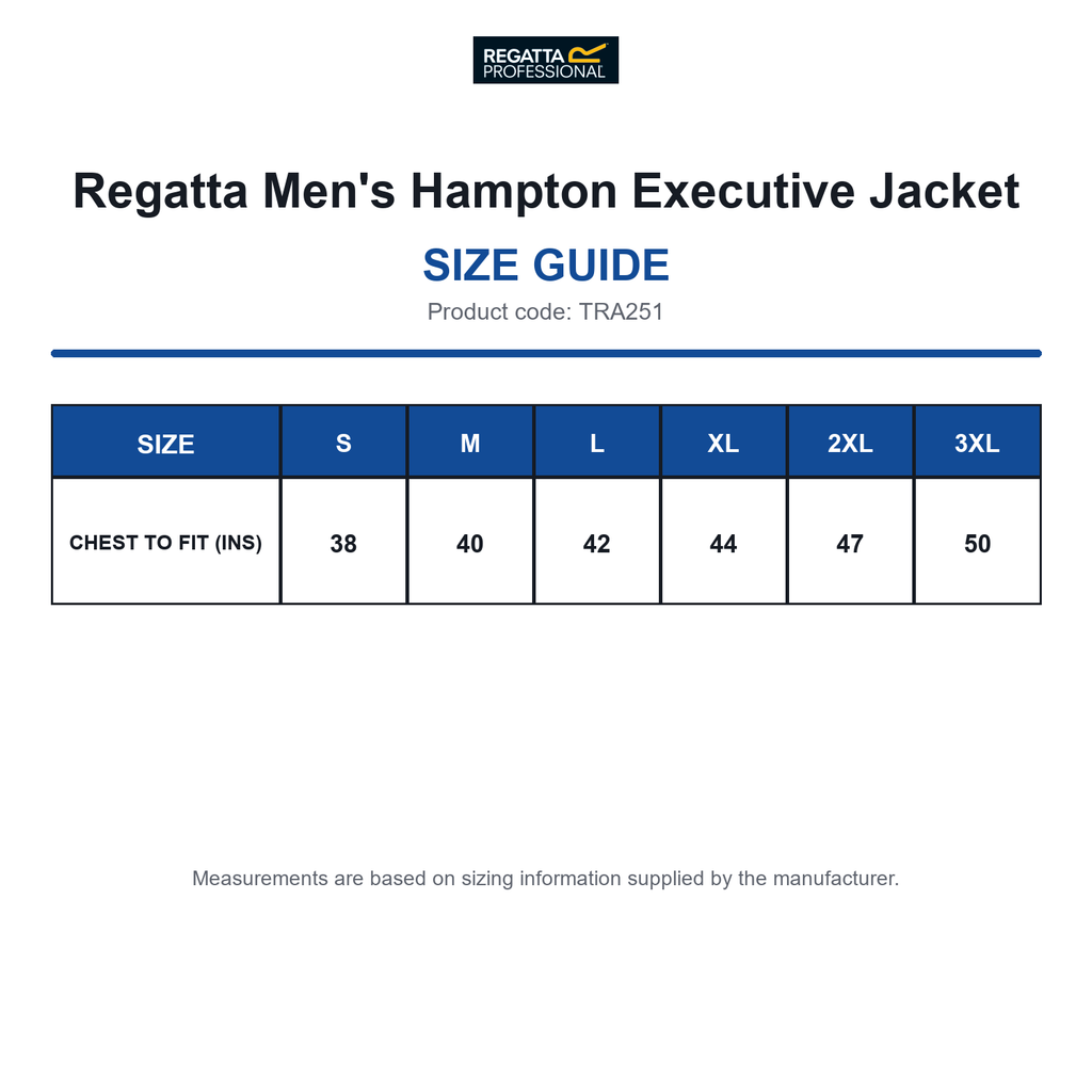 TRA251 Regatta Men's Hampton Executive Jacket size guide (TRA251)