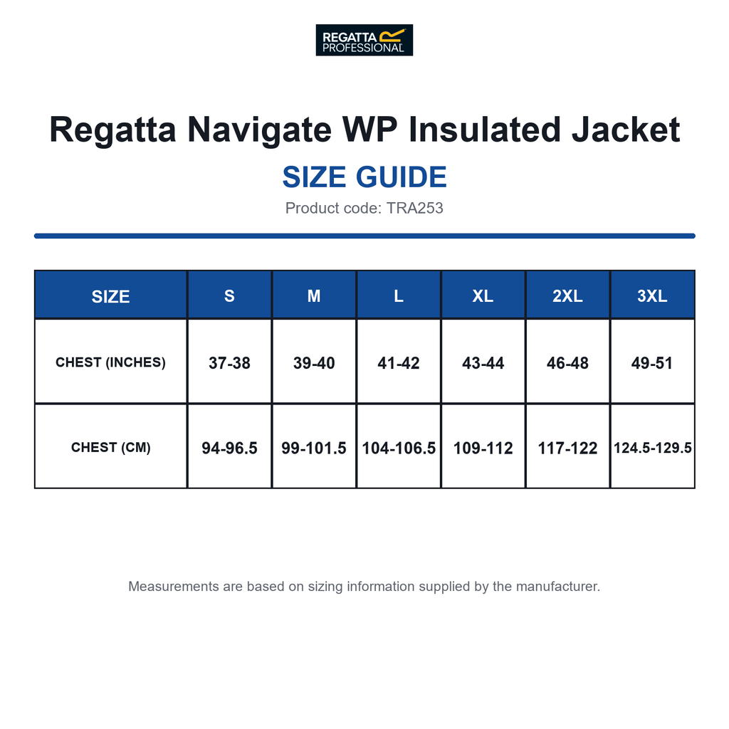 TRA253 Regatta Navigate WP Insulated Jacket size guide (TRA253)