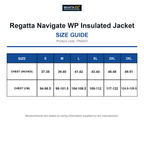 TRA253 Regatta Navigate WP Insulated Jacket size guide (TRA253)