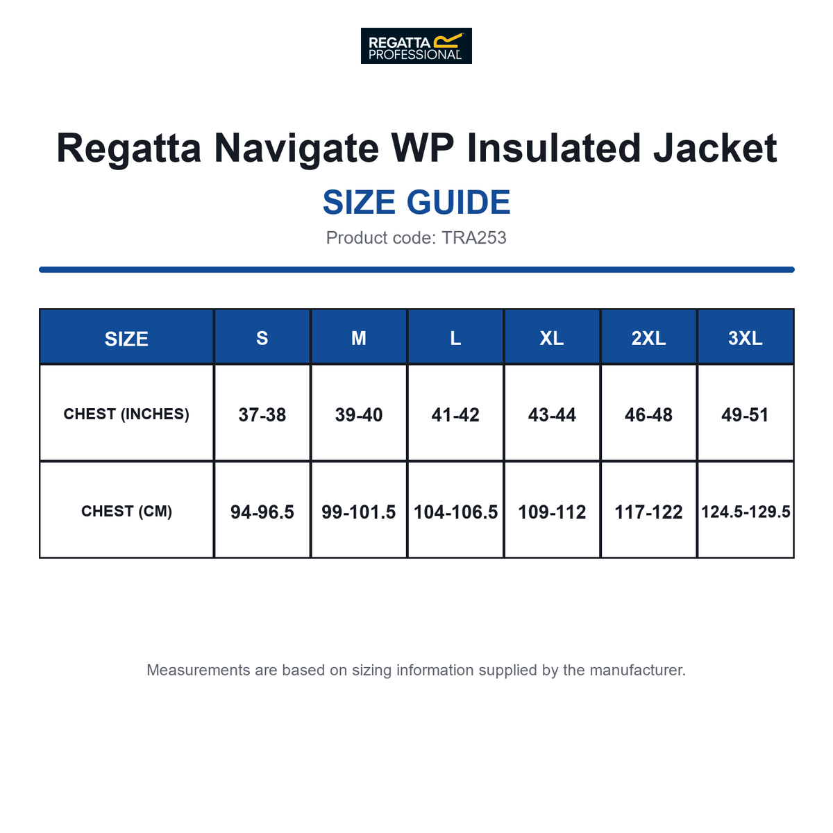 TRA253 Regatta Navigate WP Insulated Jacket size guide (TRA253)