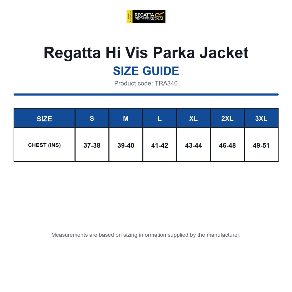 TRA340 Regatta Hi Vis Parka Jacket size guide (TRA340)