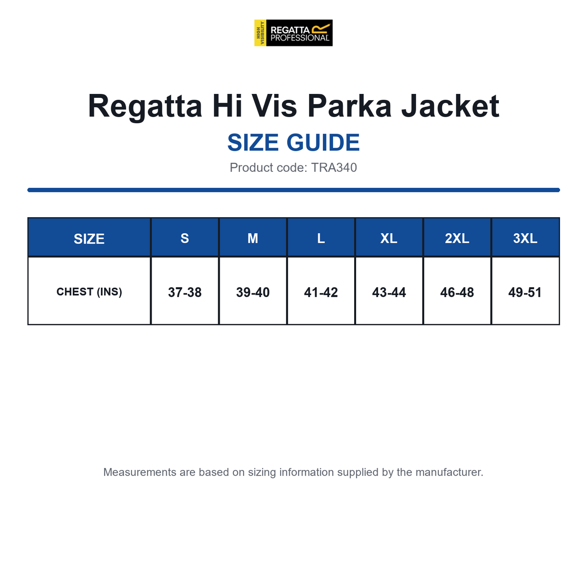 TRA340 Regatta Hi Vis Parka Jacket size guide (TRA340)