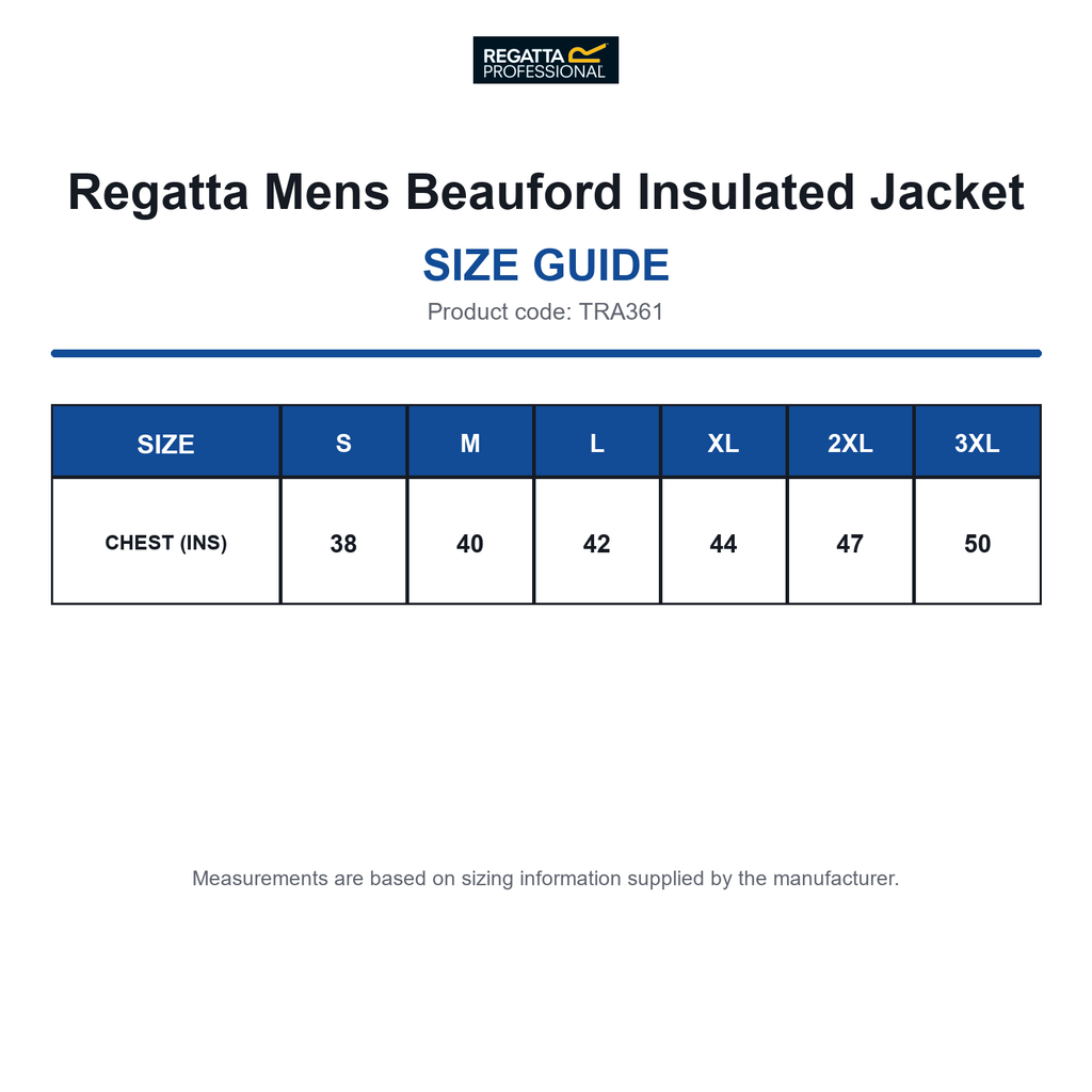 TRA361 Regatta Mens Beauford Insulated Jacket size guide (TRA361)