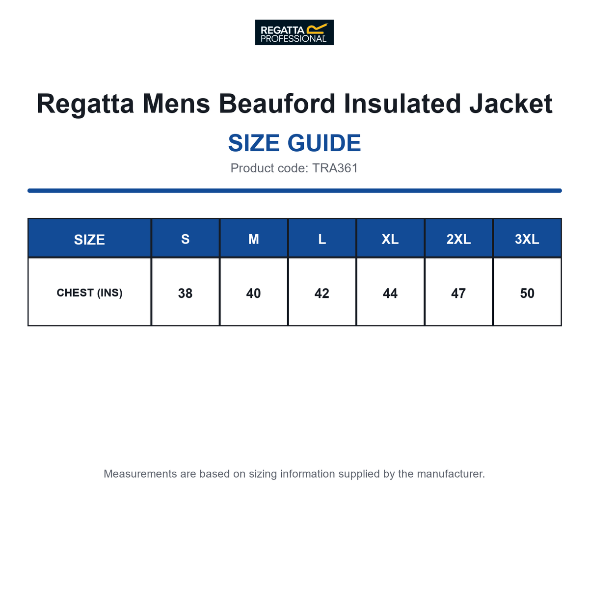 TRA361 Regatta Mens Beauford Insulated Jacket size guide (TRA361)