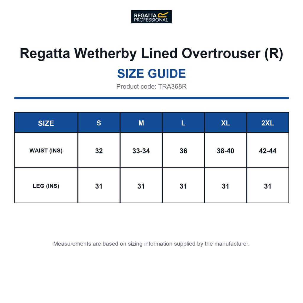 TRA368R Regatta Wetherby Lined Overtrouser (R) size guide (TRA368R)