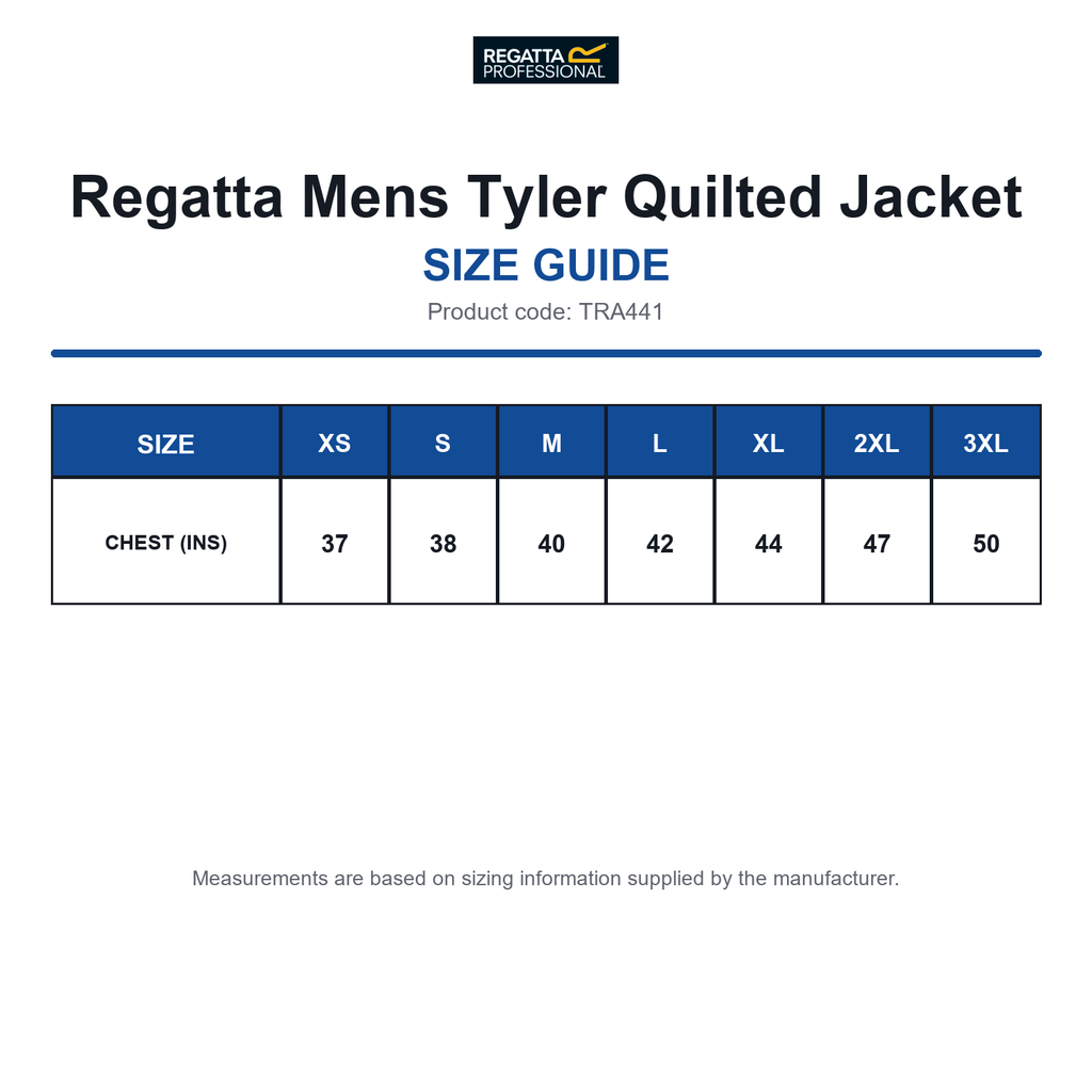 TRA441 Regatta Mens Tyler Quilted Jacket size guide (TRA441)