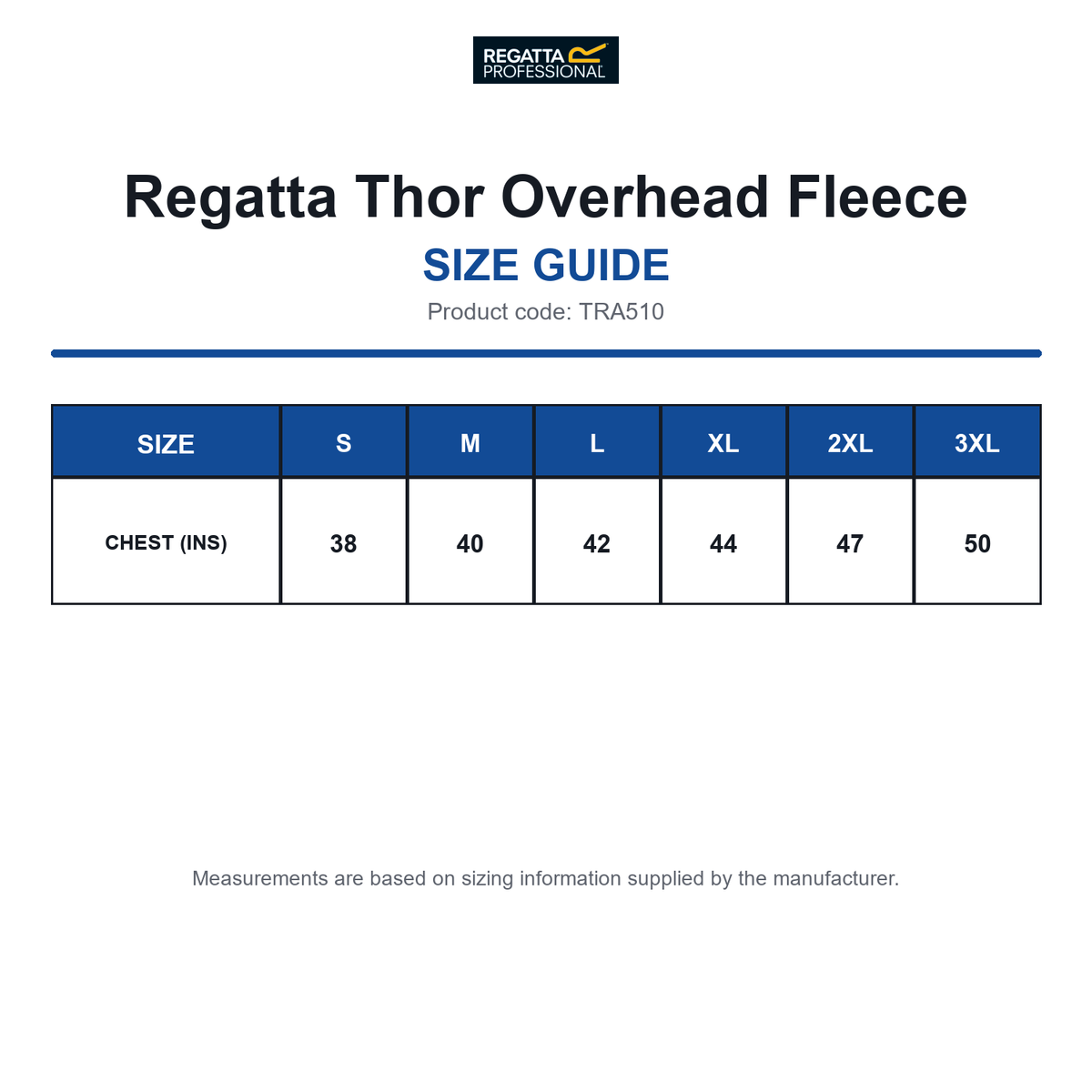 TRA510 Regatta Thor Overhead Fleece size guide (TRA510)