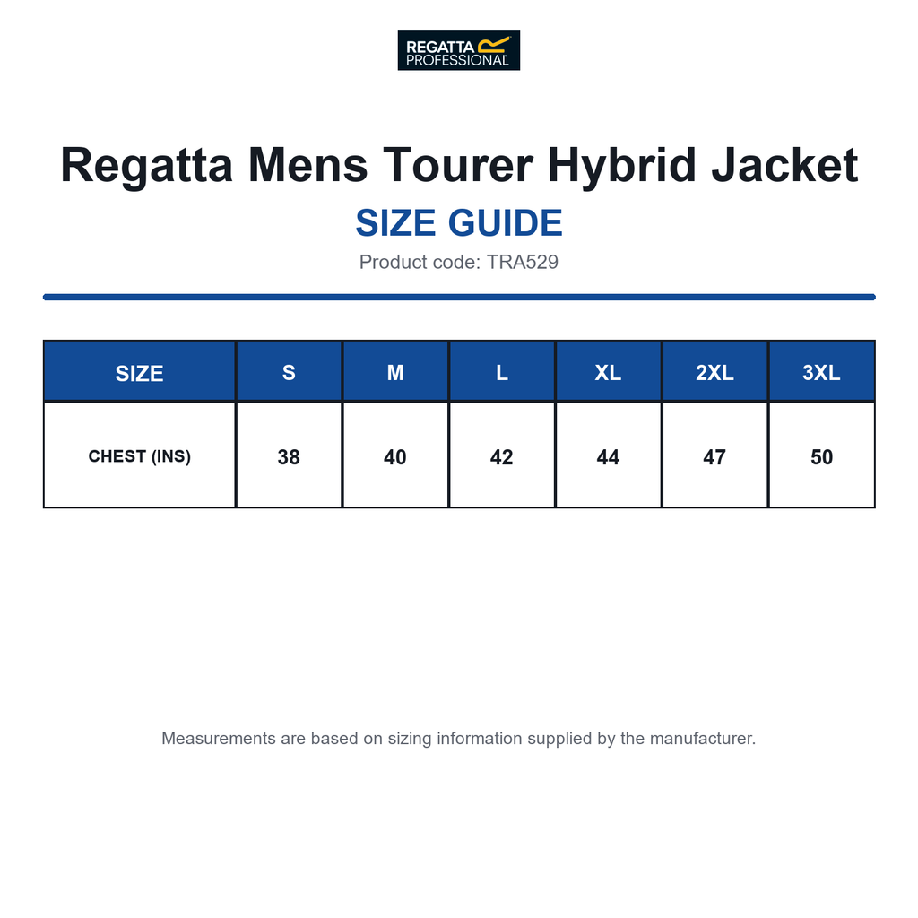 TRA529 Regatta Mens Tourer Hybrid Jacket size guide (TRA529)