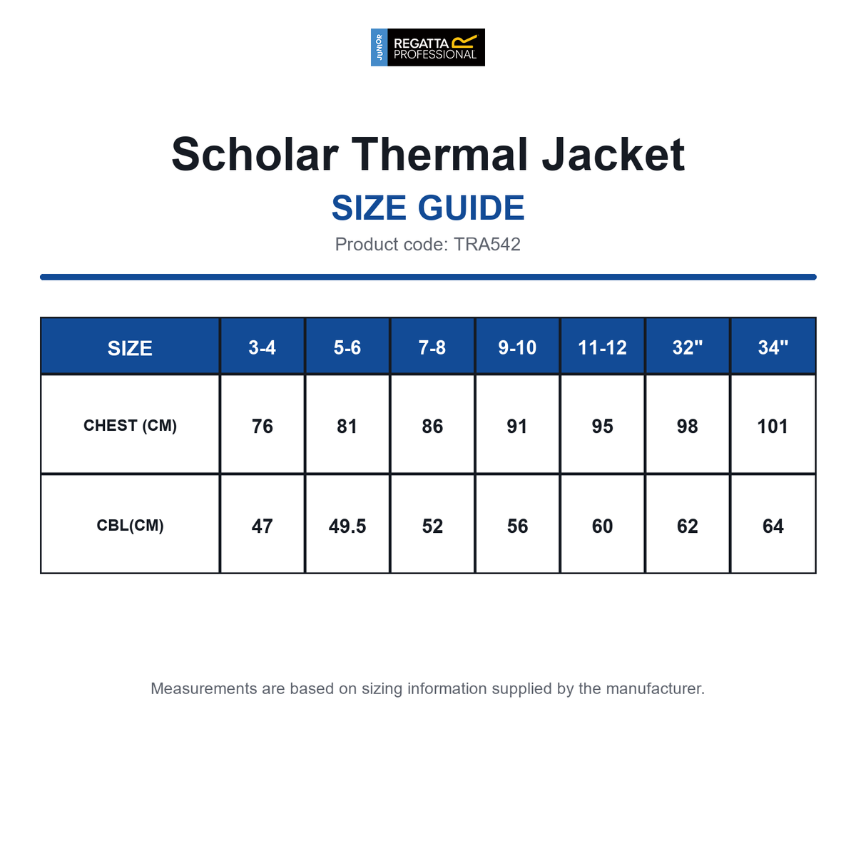 TRA542 Regatta Junior Scholar Thermal Jacket size guide (TRA542)