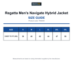 TRA549 Regatta Men's Navigate Hybrid Jacket size guide (TRA549)