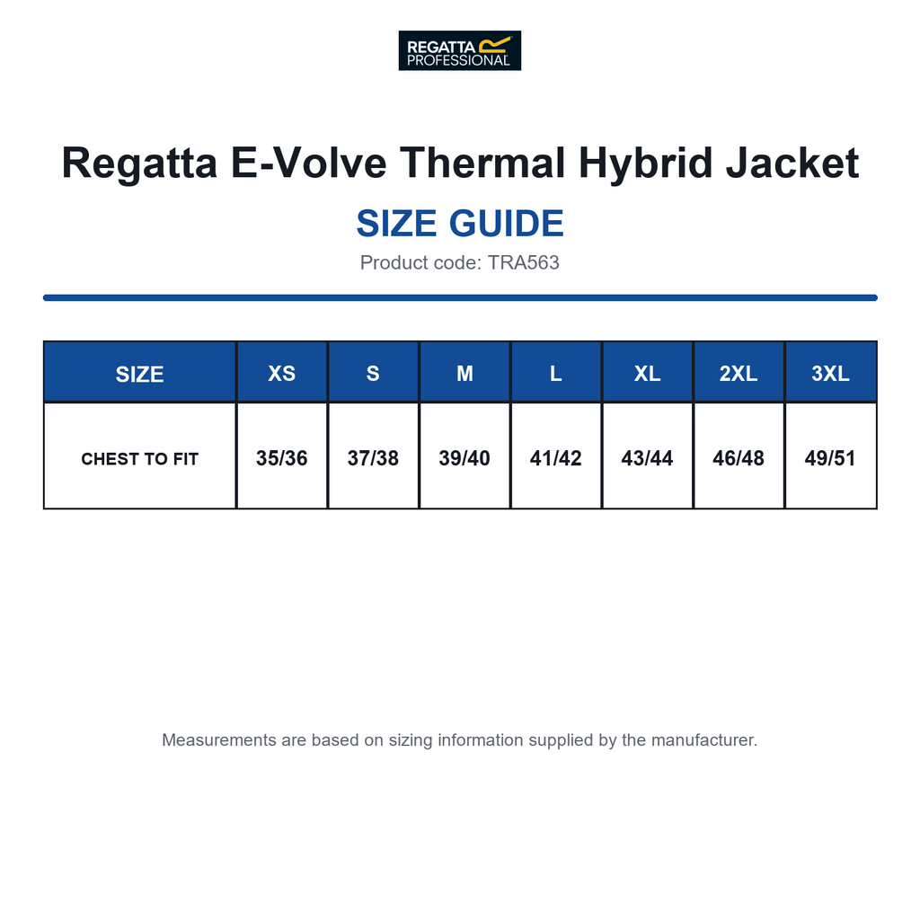 TRA563 Regatta E-Volve Thermal Hybrid Jacket size guide (TRA563)