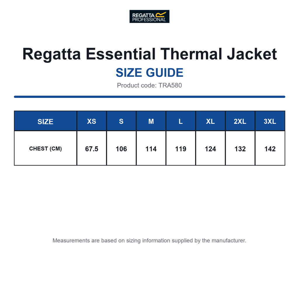 TRA580 Regatta Essential Thermal Jacket size guide (TRA580)
