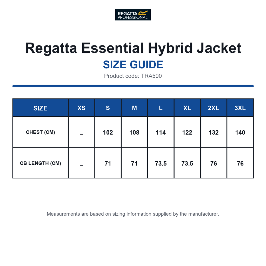 TRA590 Regatta Essential Hybrid Jacket size guide (TRA590)