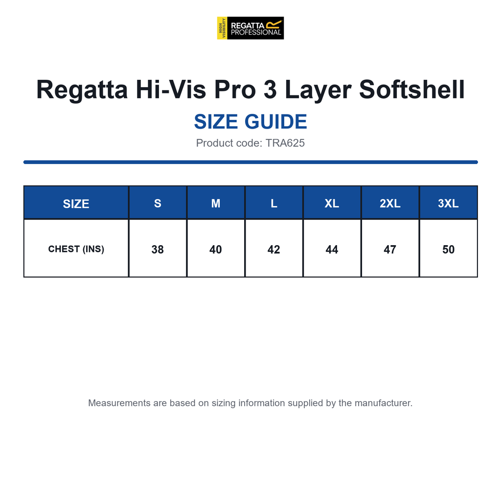 TRA625 Regatta Hi-Vis Pro 3 Layer Softshell size guide (TRA625)