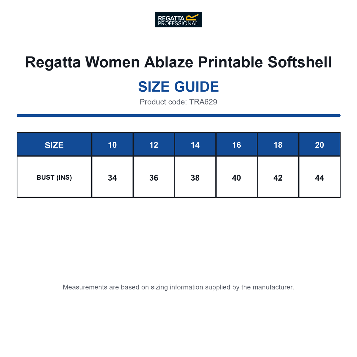 TRA629 Regatta Women Ablaze Printable Softshell size guide (TRA629)