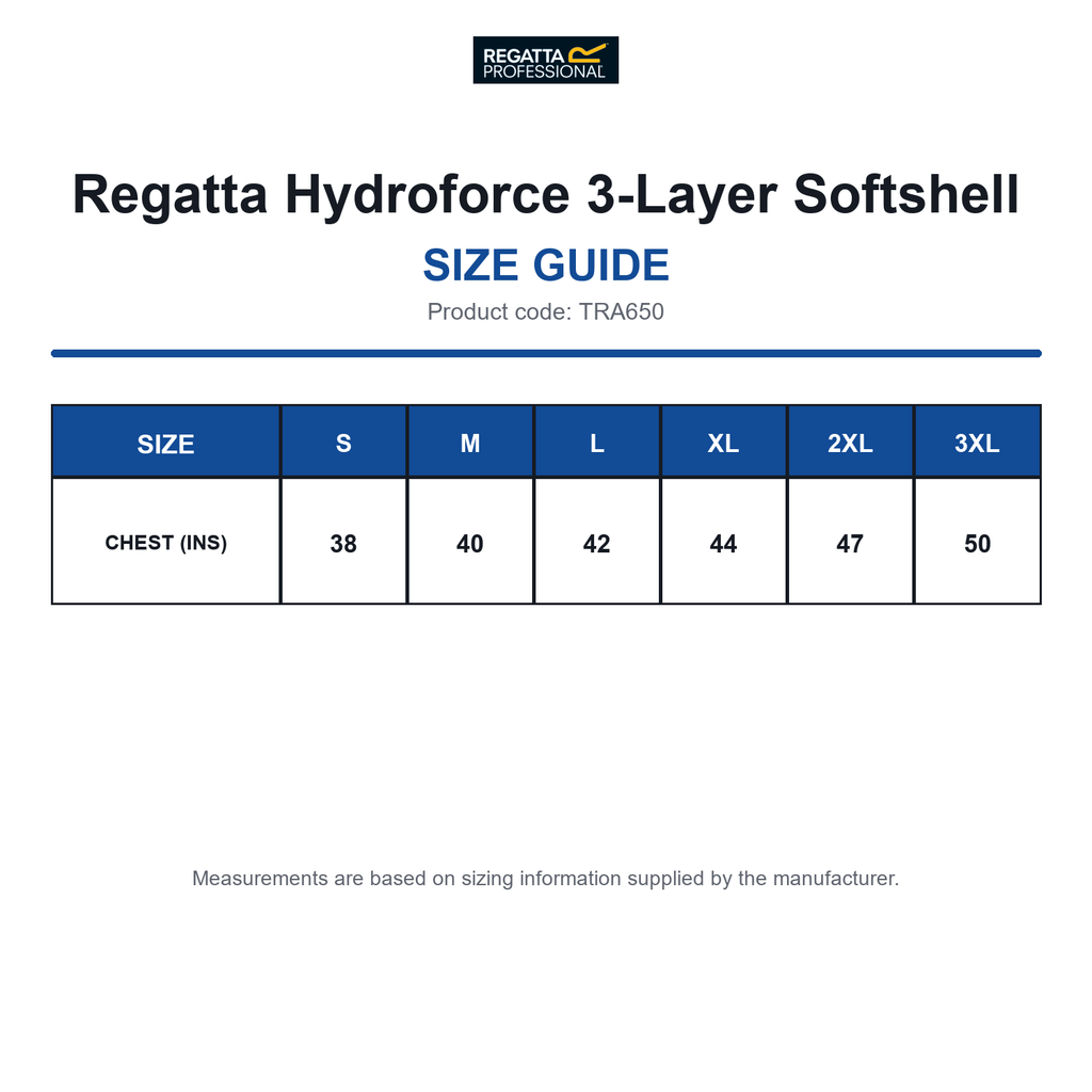 TRA650 Regatta Hydroforce 3-Layer Softshell size guide (TRA650)