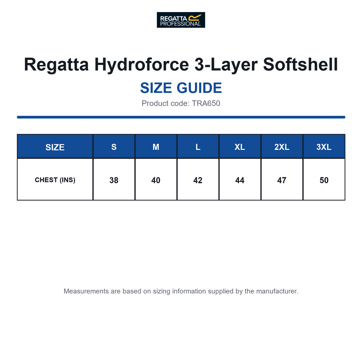 TRA650 Regatta Hydroforce 3-Layer Softshell size guide (TRA650)