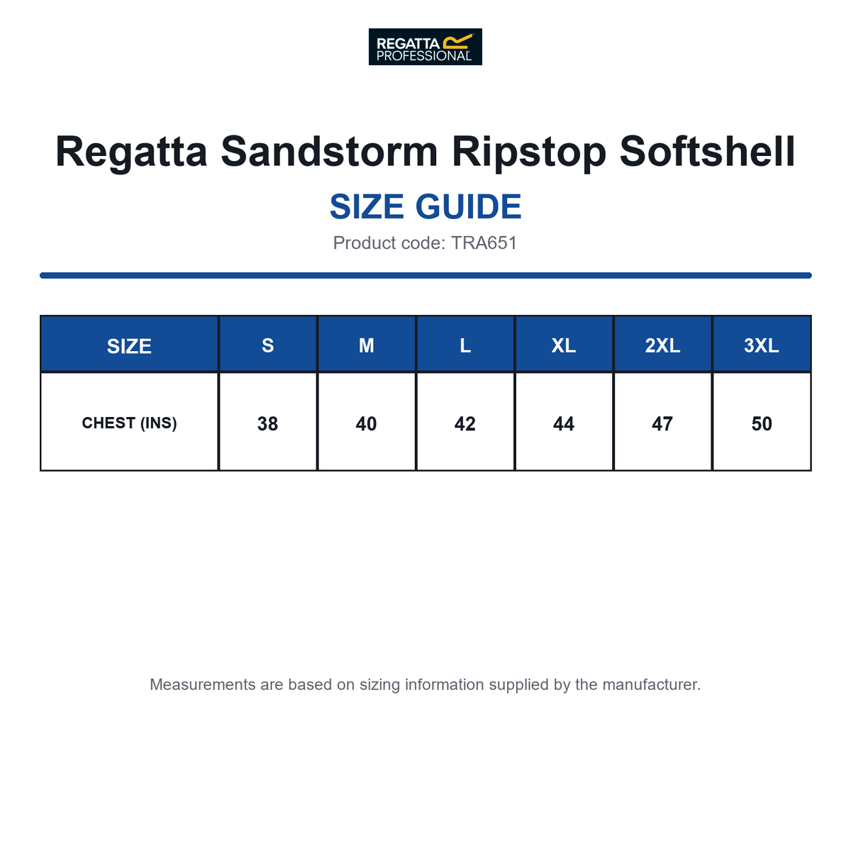 TRA651 Regatta Sandstorm Ripstop Softshell size guide (TRA651)