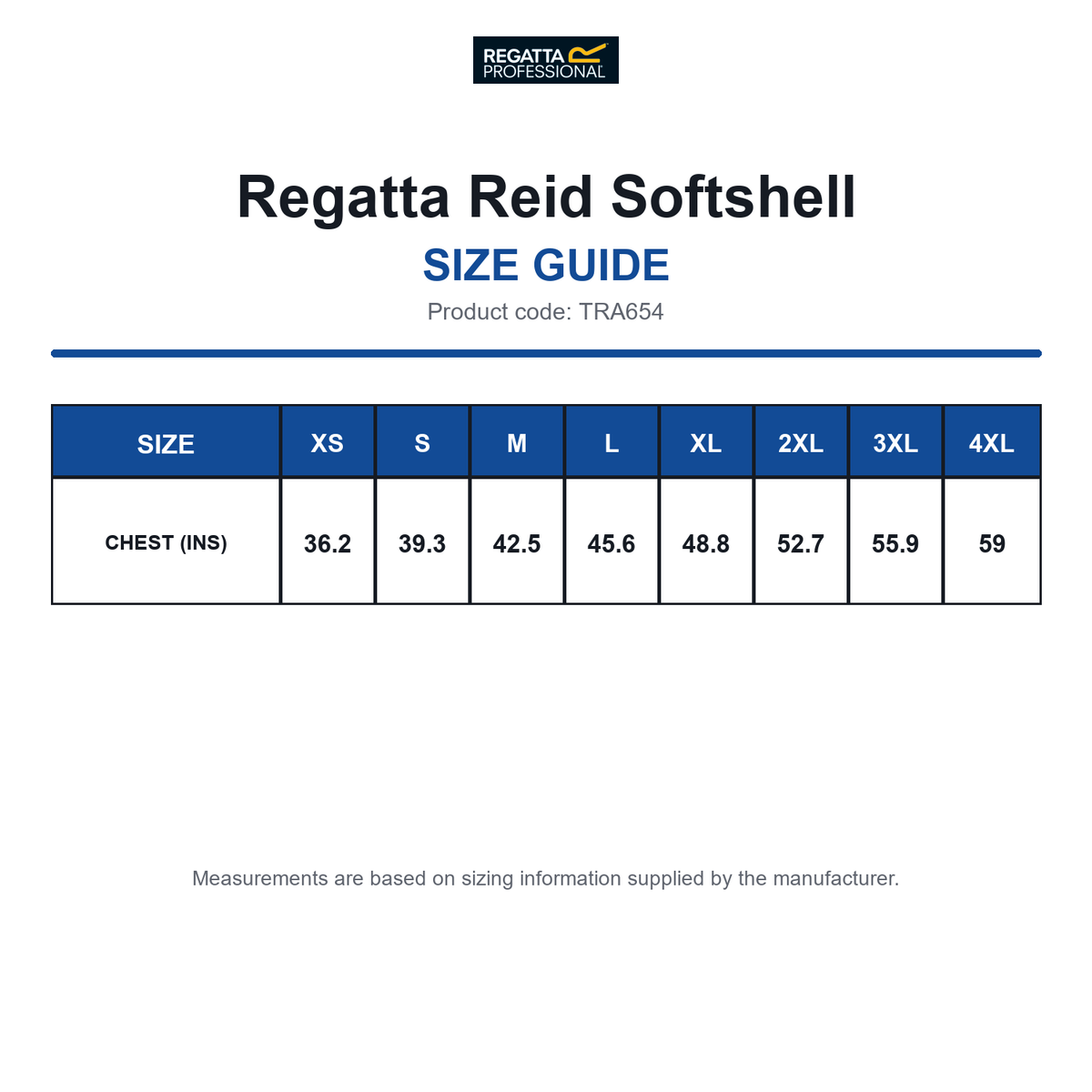 TRA654 Regatta Reid Softshell size guide (TRA654)