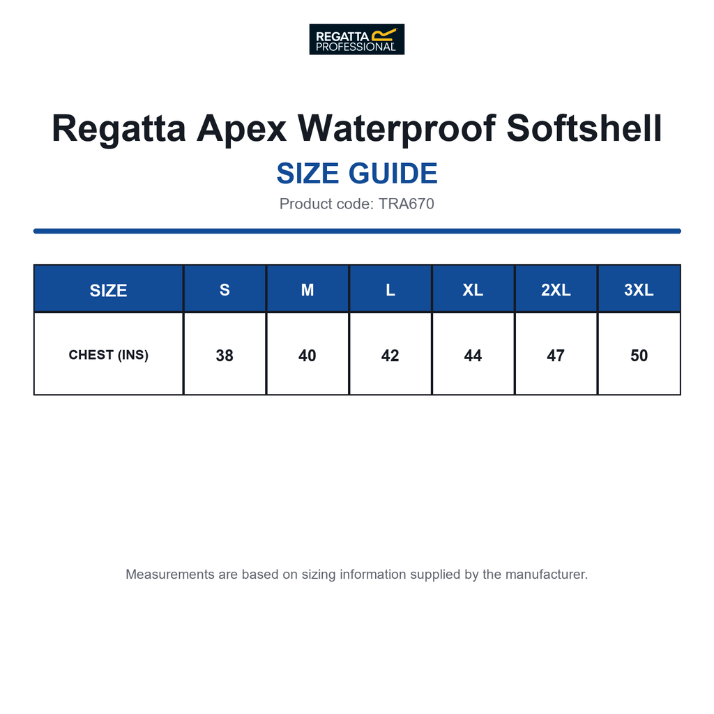 TRA670 Regatta Apex Waterproof Softshell size guide (TRA670)