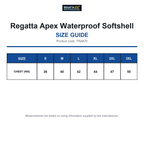TRA670 Regatta Apex Waterproof Softshell size guide (TRA670)