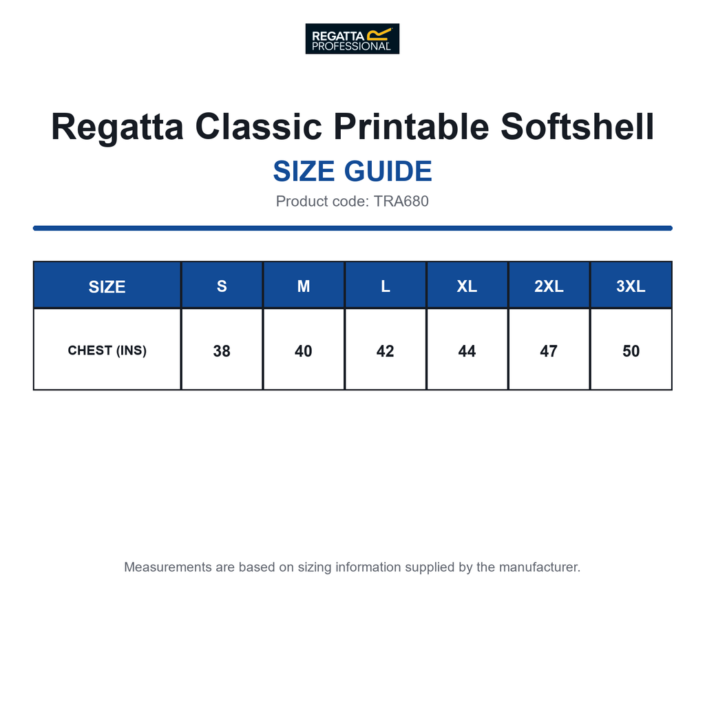 TRA680 Regatta Classic Printable Softshell size guide (TRA680)