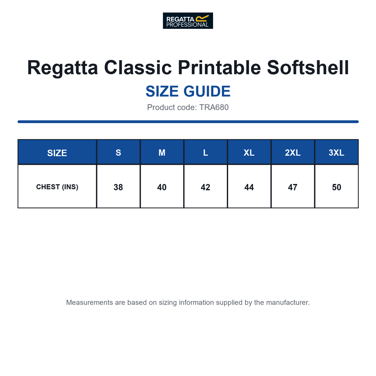 TRA680 Regatta Classic Printable Softshell size guide (TRA680)