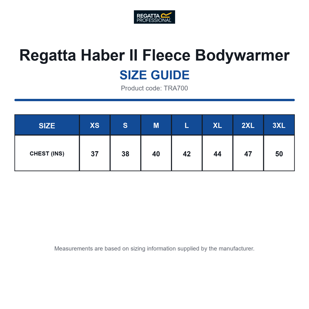 TRA700 Regatta Haber II Fleece Bodywarmer size guide (TRA700)