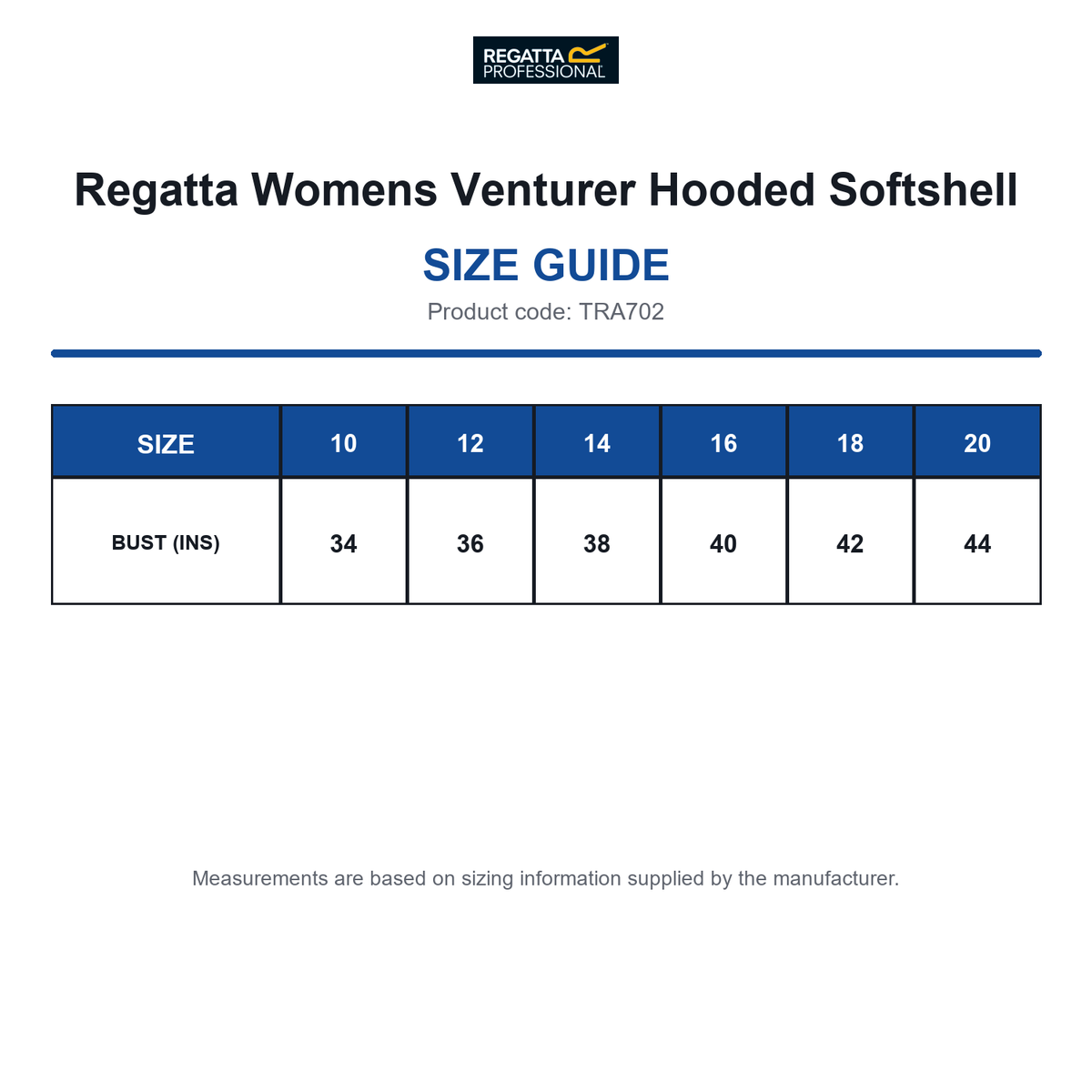 TRA702 Regatta Womens Venturer Hooded Softshell size guide (TRA702)