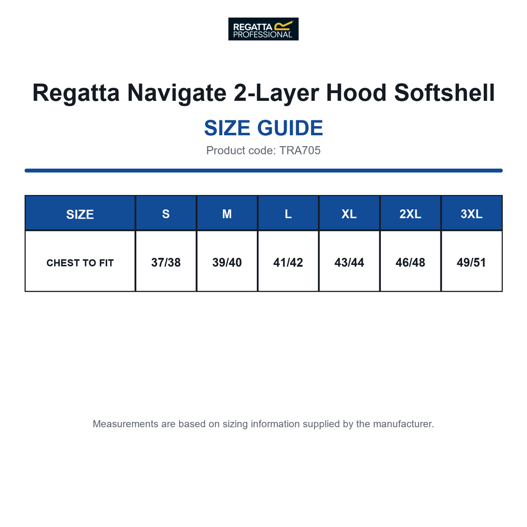 TRA705 Regatta Navigate 2-Layer Hood Softshell size guide (TRA705)