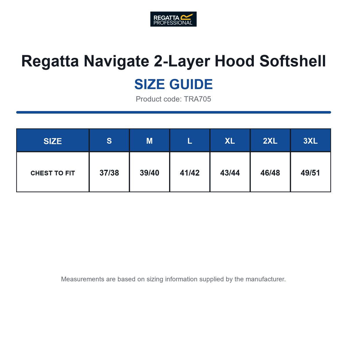 TRA705 Regatta Navigate 2-Layer Hood Softshell size guide (TRA705)