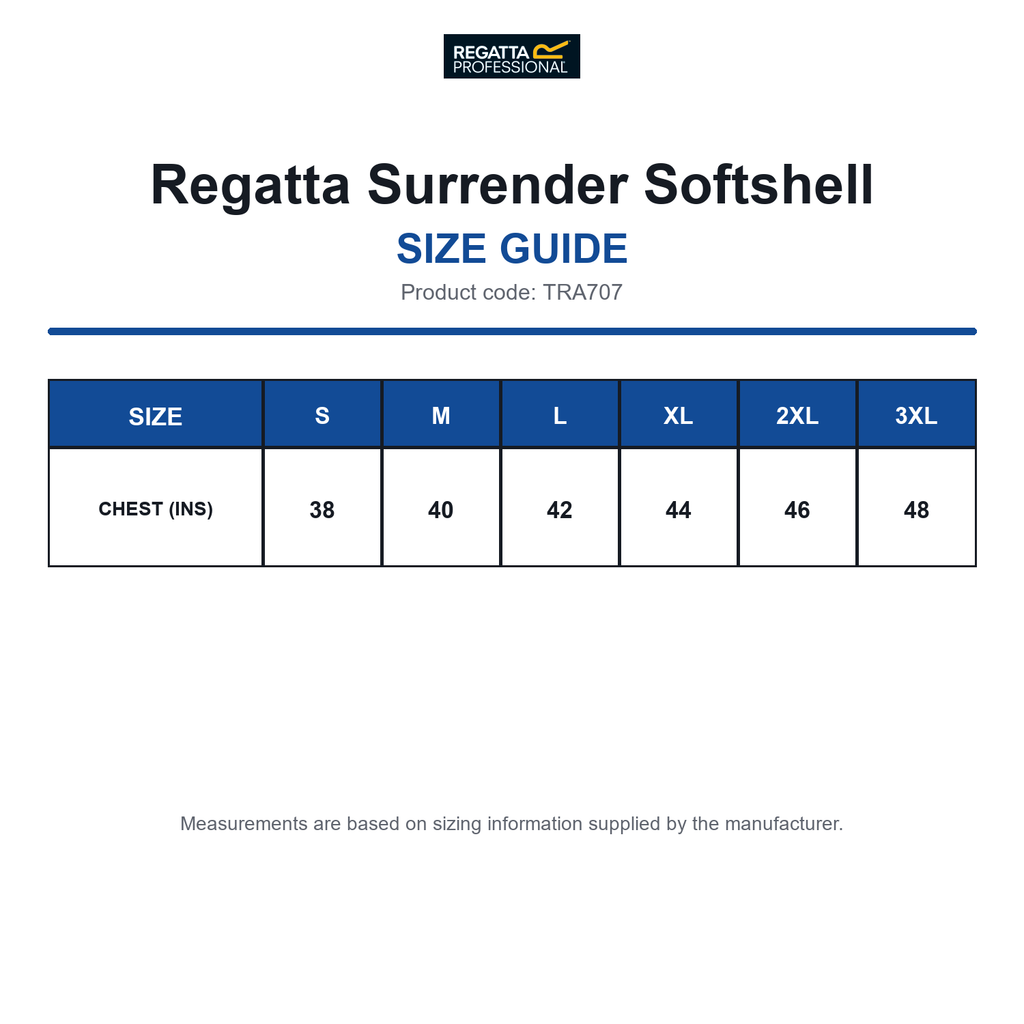 TRA707 Regatta Surrender Softshell size guide (TRA707)
