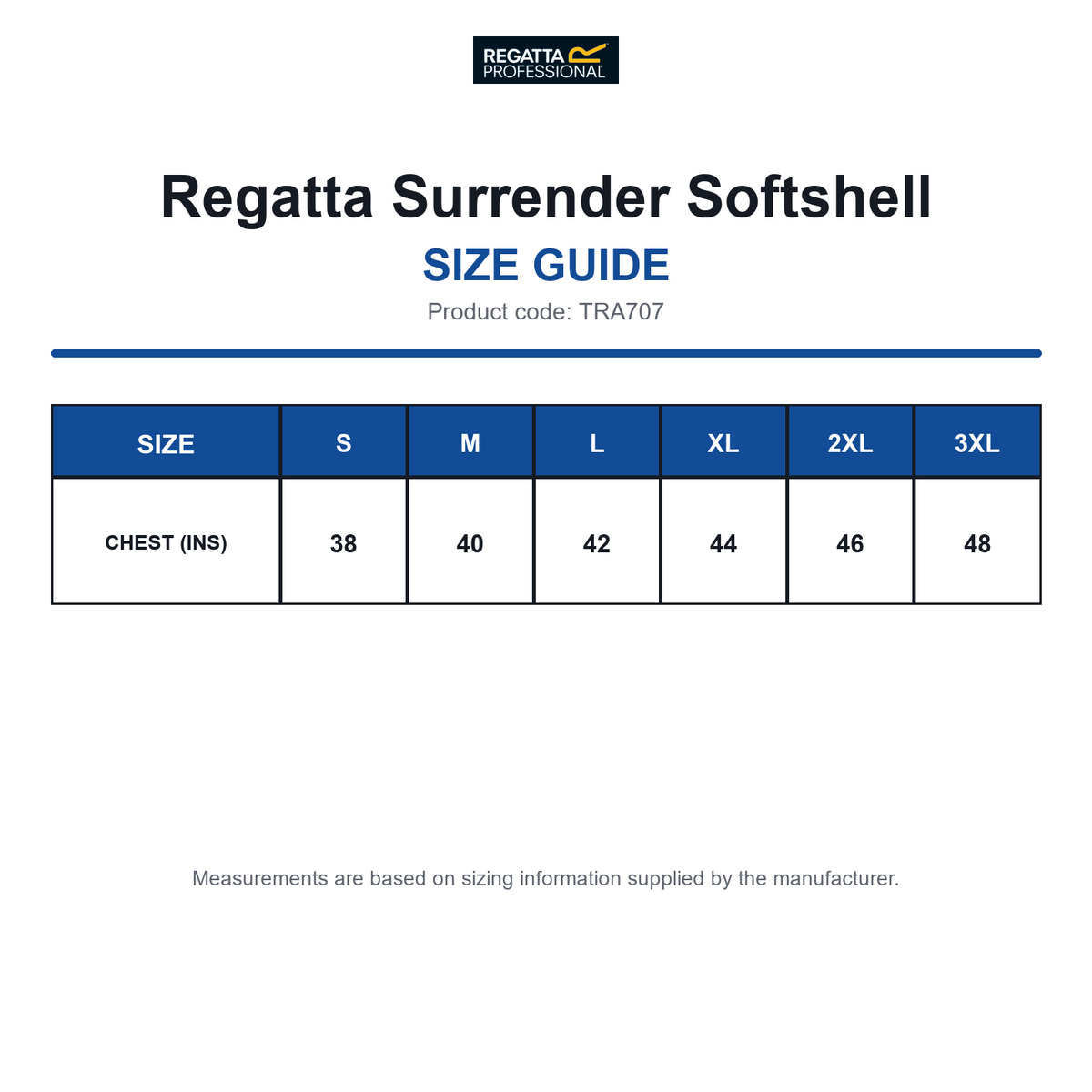 TRA707 Regatta Surrender Softshell size guide (TRA707)