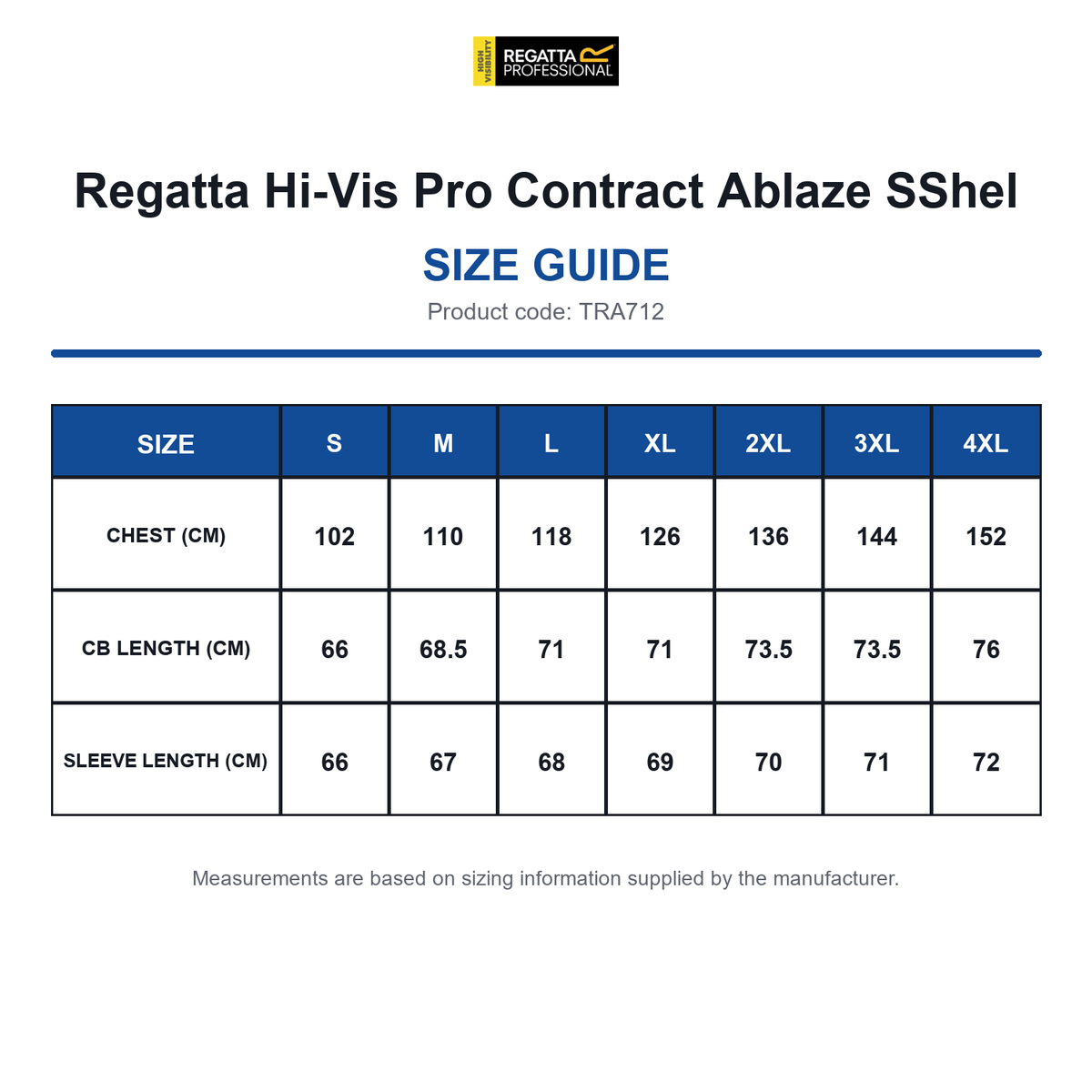 TRA712 Regatta Hi-Vis Pro Contract Ablaze SShel size guide (TRA712)