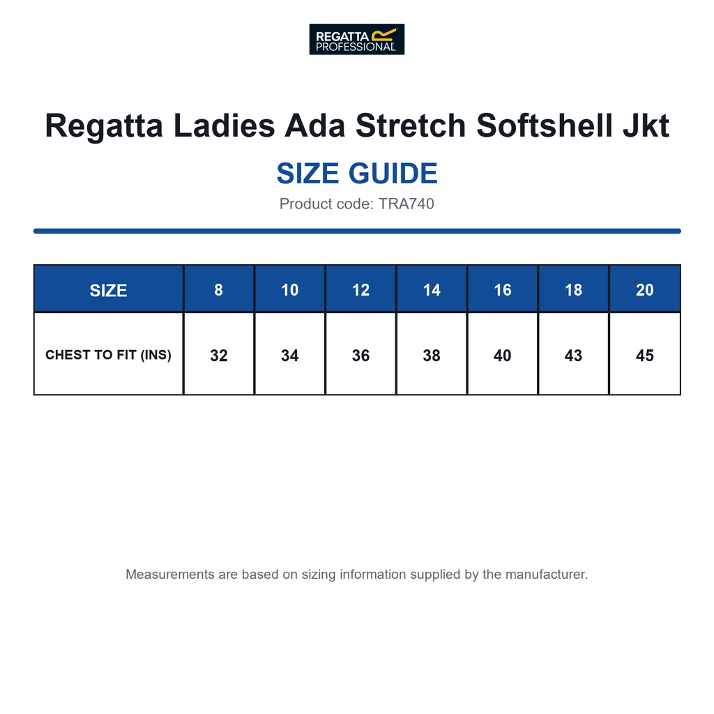 TRA740 Regatta Ladies Ada Stretch Softshell Jkt size guide (TRA740)