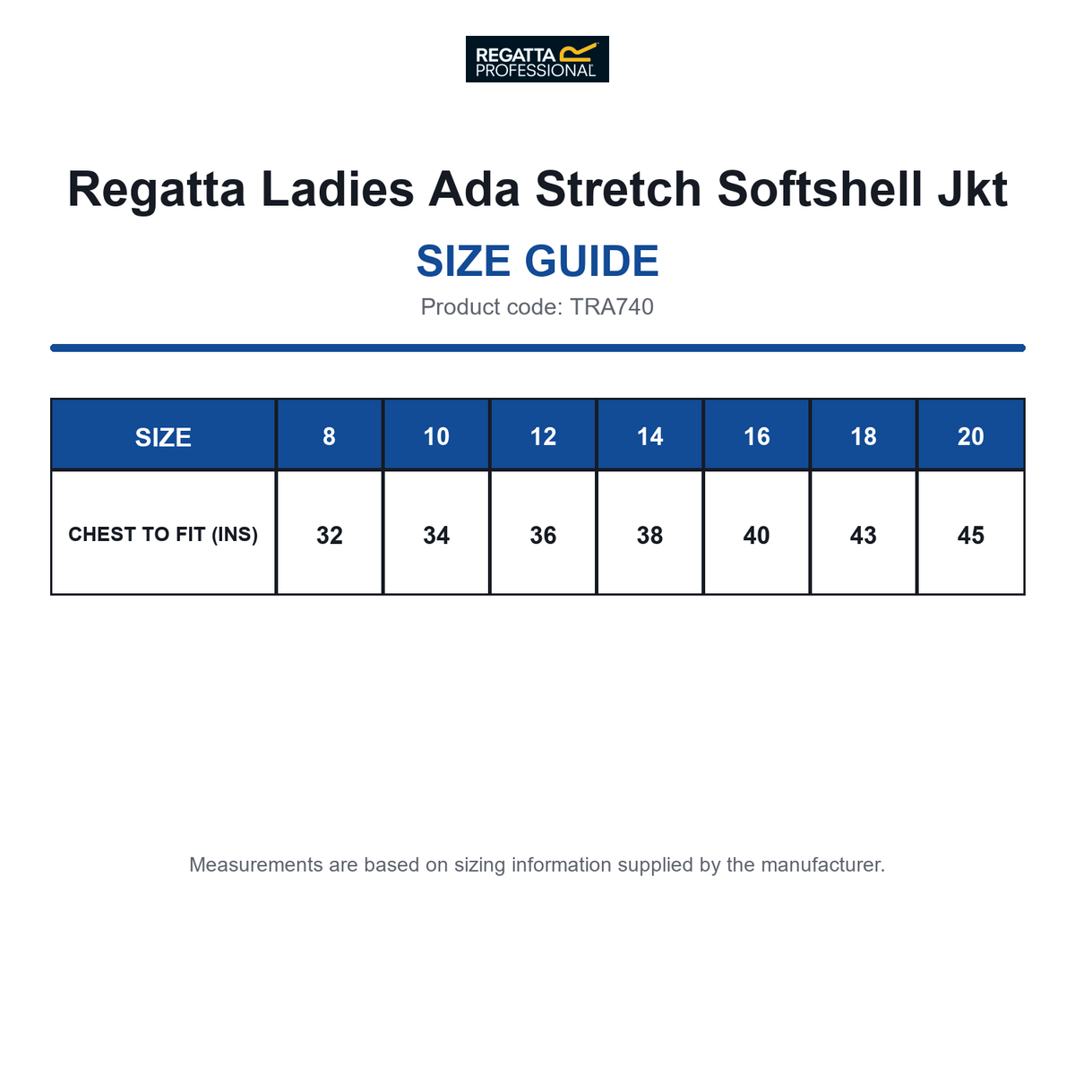 TRA740 Regatta Ladies Ada Stretch Softshell Jkt size guide (TRA740)
