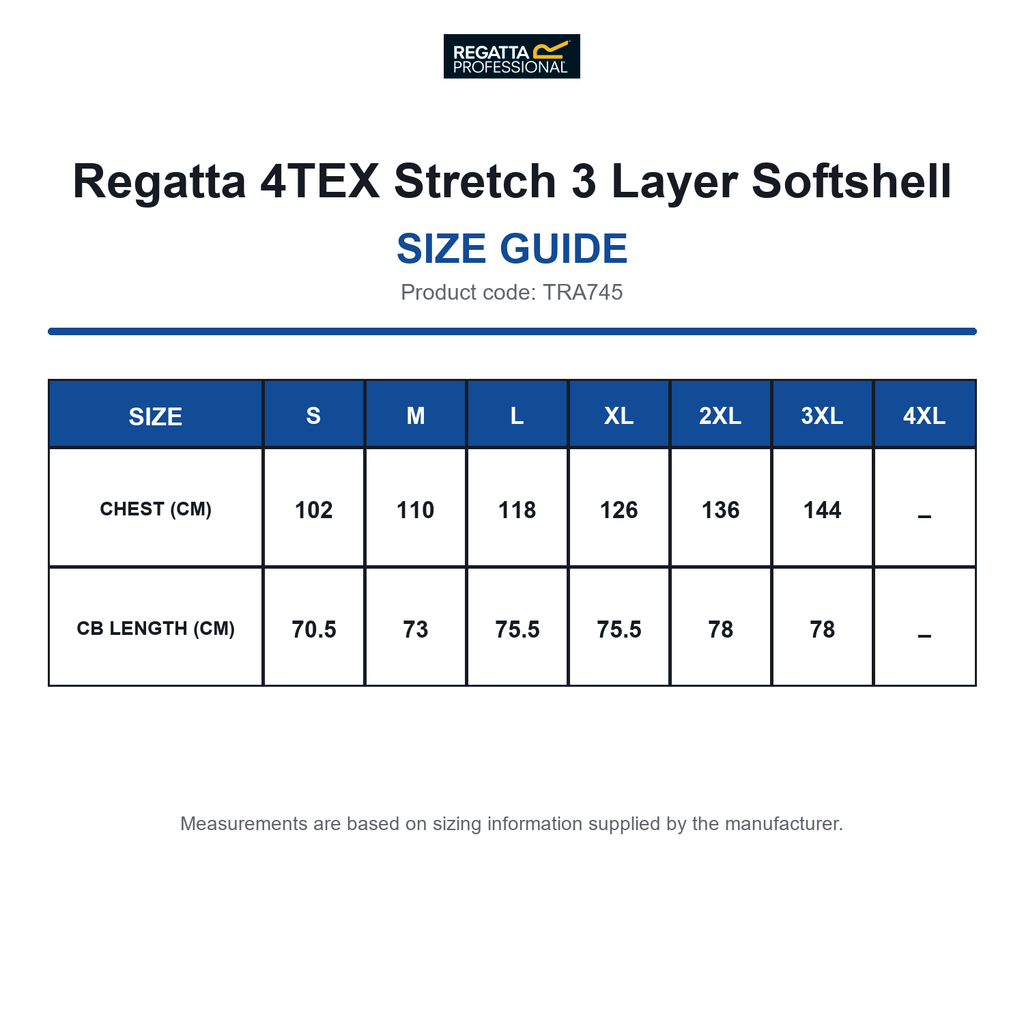 TRA745 Regatta 4TEX Stretch 3 Layer Softshell size guide (TRA745)