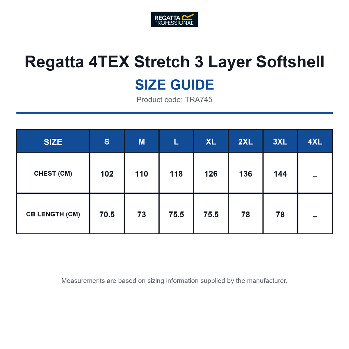 TRA745 Regatta 4TEX Stretch 3 Layer Softshell size guide (TRA745)