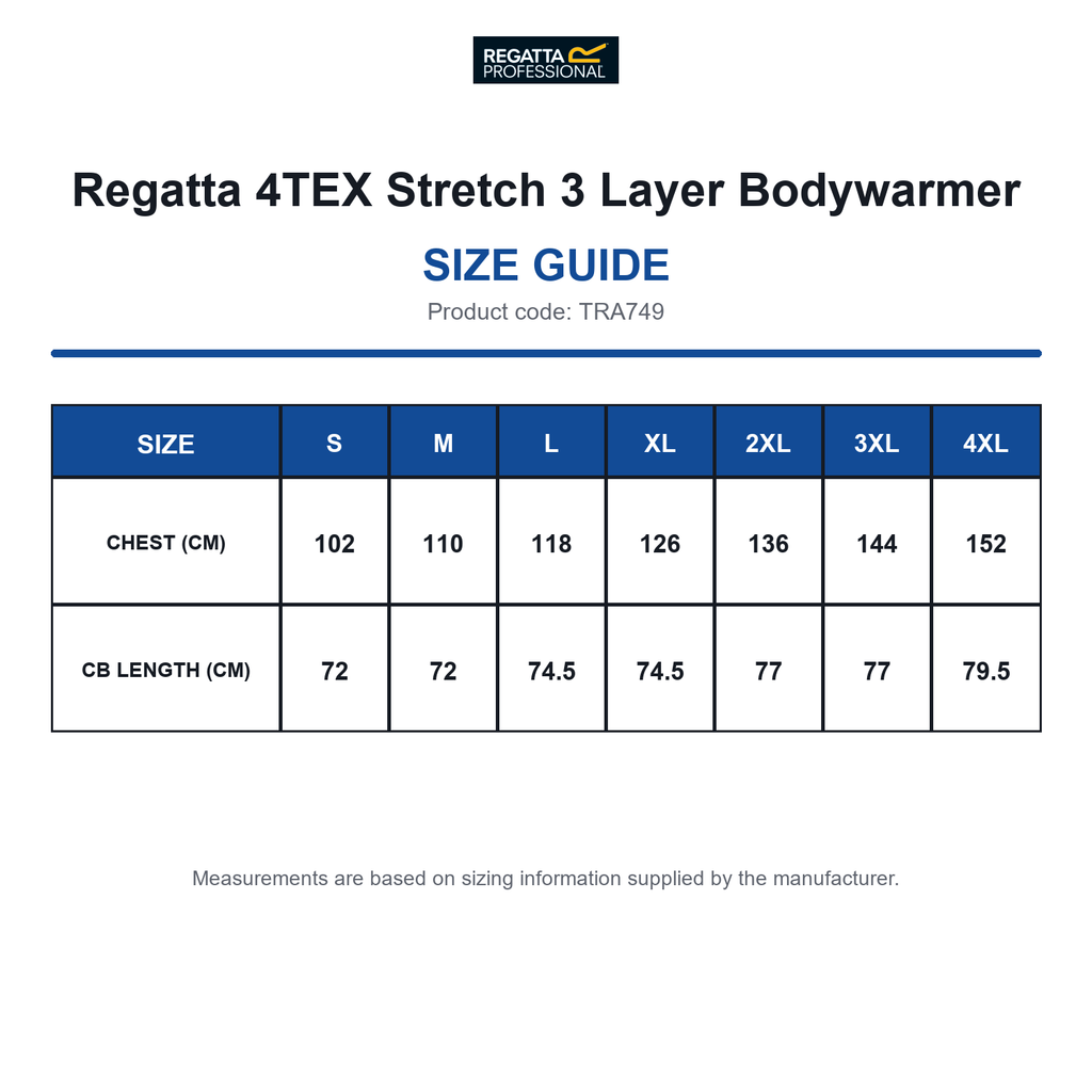 TRA749 Regatta 4TEX Stretch 3 Layer Bodywarmer size guide (TRA749)