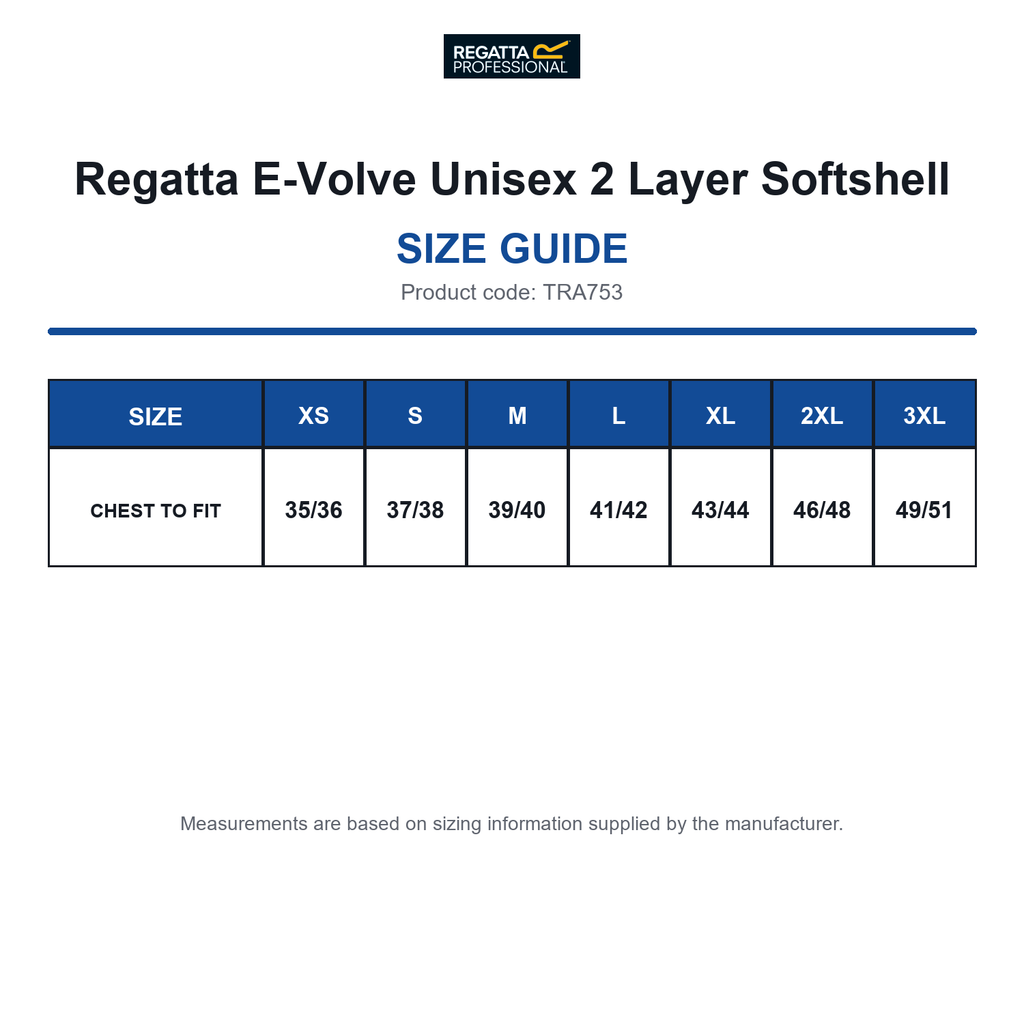 TRA753 Regatta E-Volve Unisex 2 Layer Softshell size guide (TRA753)