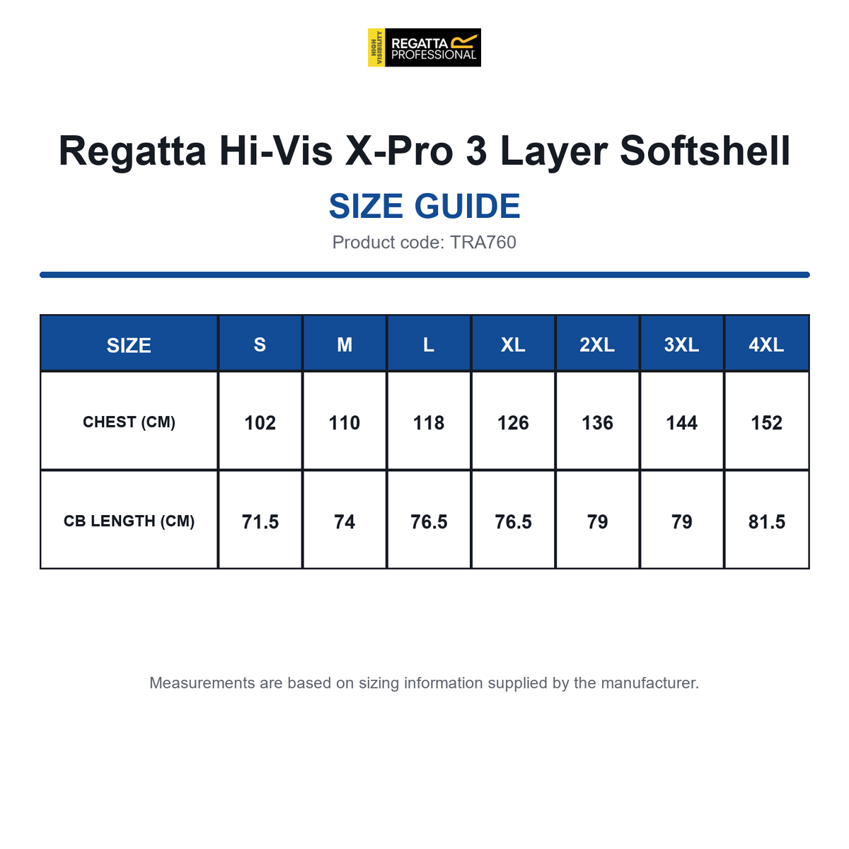TRA760 Regatta Hi-Vis X-Pro 3 Layer Softshell size guide (TRA760)