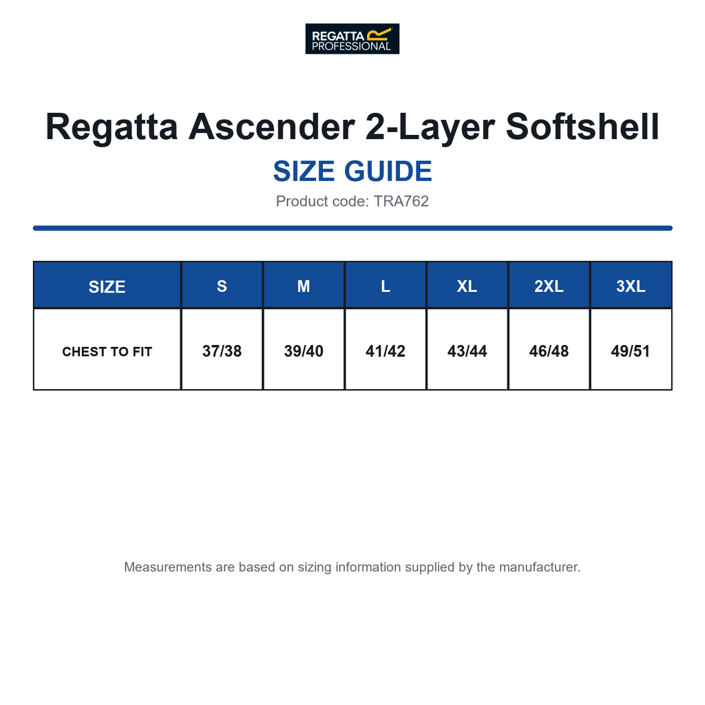 TRA762 Regatta Ascender 2-Layer Softshell size guide (TRA762)