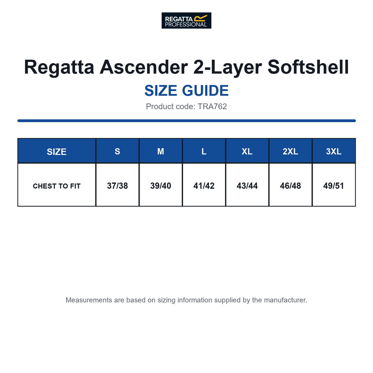 TRA762 Regatta Ascender 2-Layer Softshell size guide (TRA762)