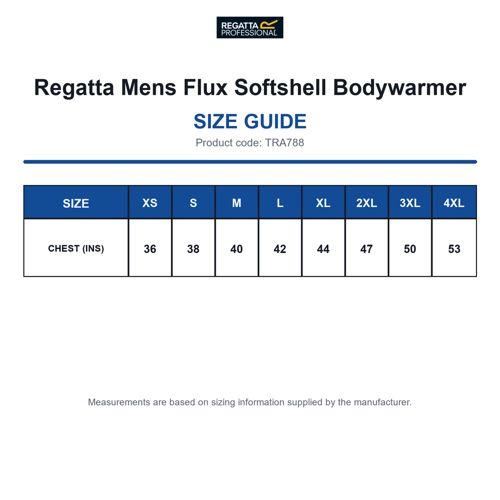 TRA788 Regatta Mens Flux Softshell Bodywarmer size guide (TRA788)
