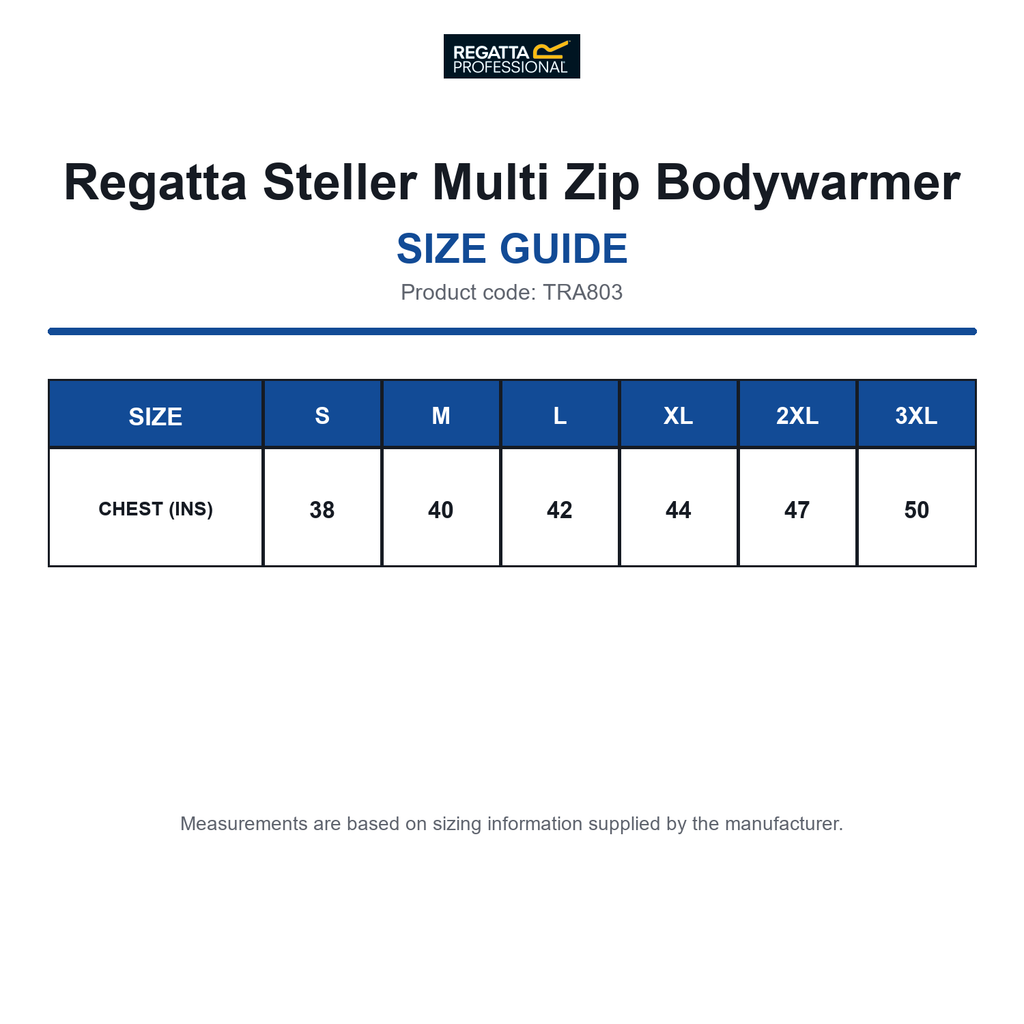 TRA803 Regatta Steller Multi Zip Bodywarmer size guide (TRA803)
