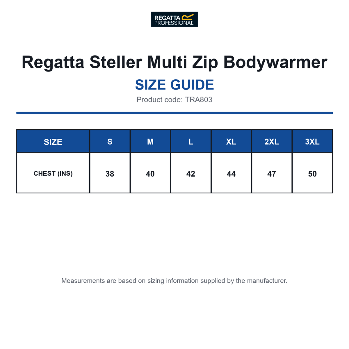 TRA803 Regatta Steller Multi Zip Bodywarmer size guide (TRA803)
