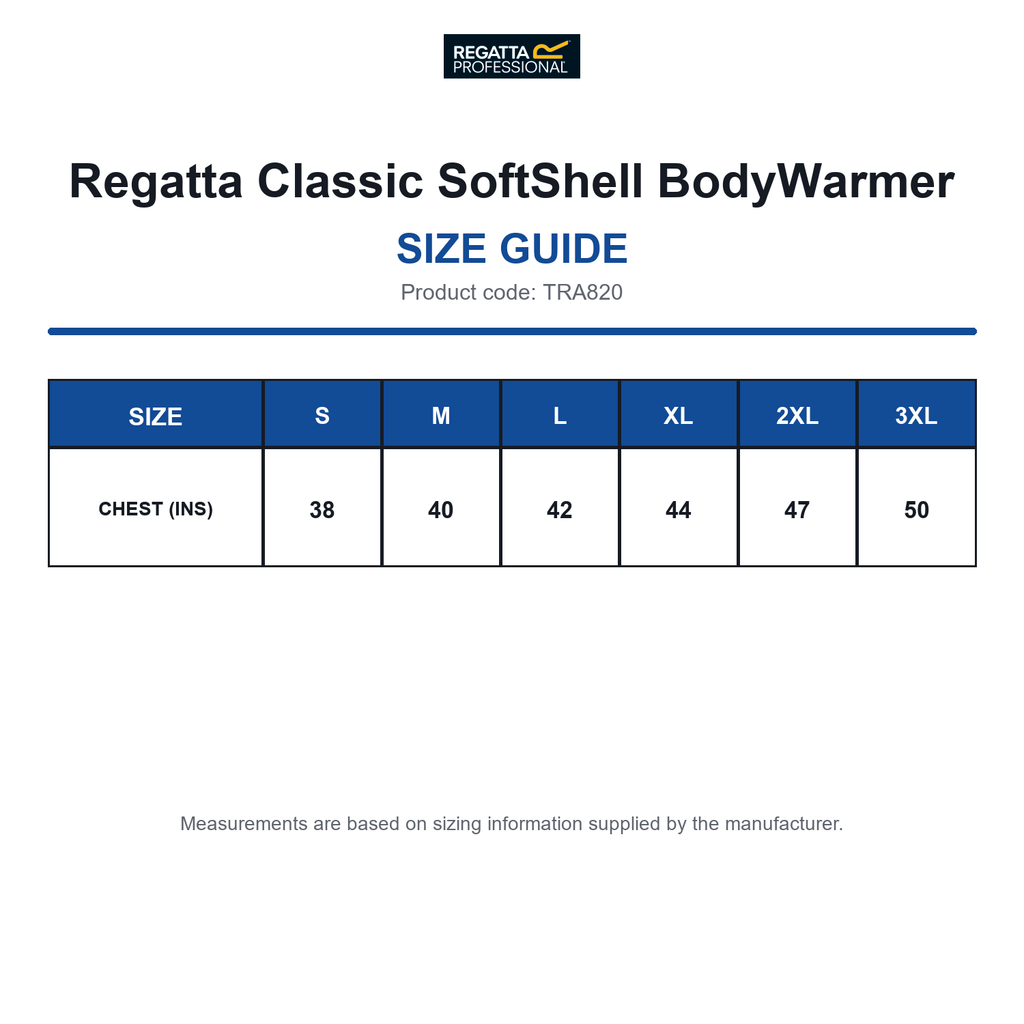 TRA820 Regatta Classic SoftShell BodyWarmer size guide (TRA820)